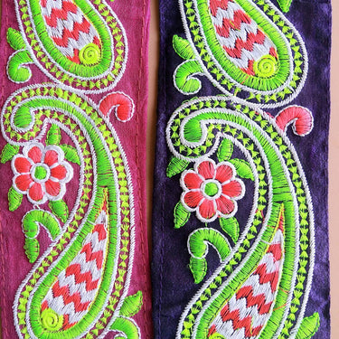 Blue / Pink Fabric Trim With Green, Pink And White Floral Embroidery, 68mm wide - 200317L510/11